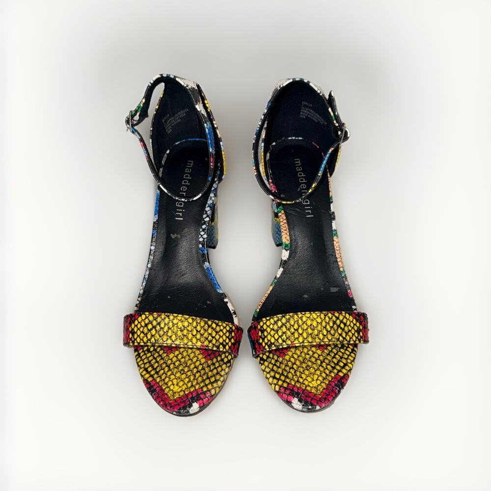 Madden Girl Beella Multi Color Snakeskin Block Heel Ankle Strap Sandals - Picture 2 of 9